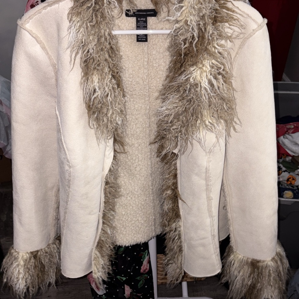 Calvin Klein Cream Teddy Jacket with Luxurious Fur Trim